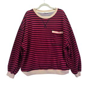 TARSE Striped Crewneck Oversized Sweatshirt Red Navy Tan XL‎ Balloon Sleeve Cozy